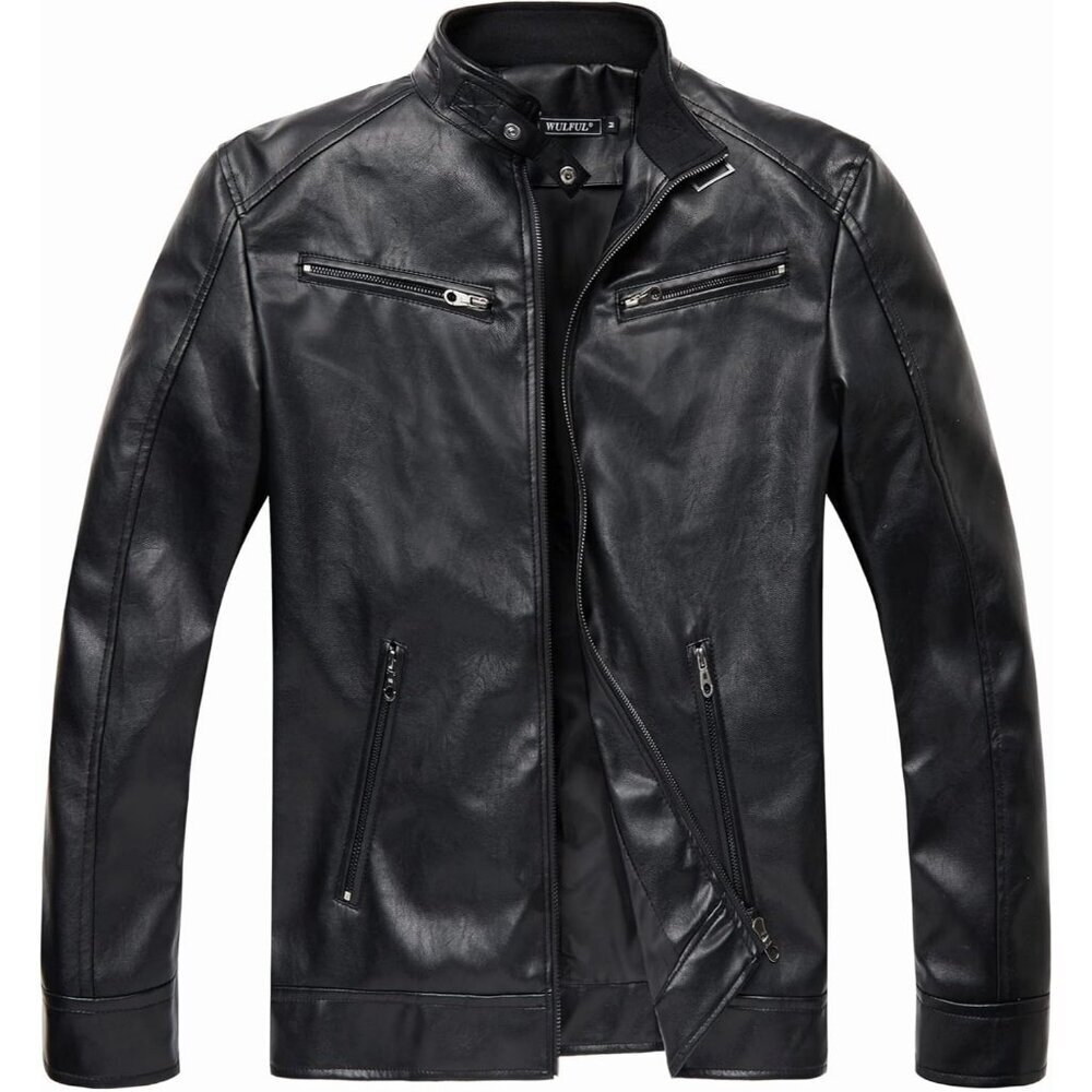 Men's Black Faux Leather Stand Collar Classic Zipper Slim Fit Biker Jacket